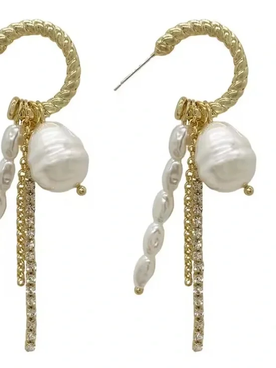 Anthropologie Gold and Pearl Fringe Hoop Earrings - Picture 5 of 6